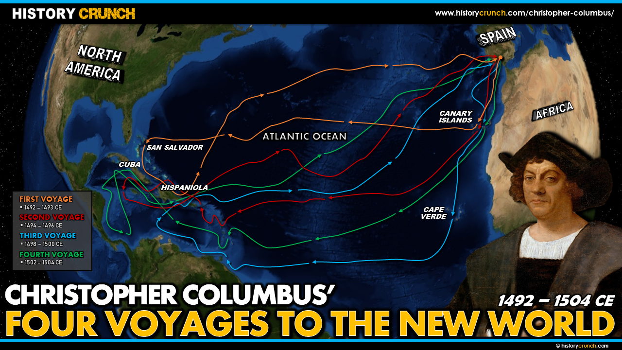 Map of Columbus' Four Voyages to the New World